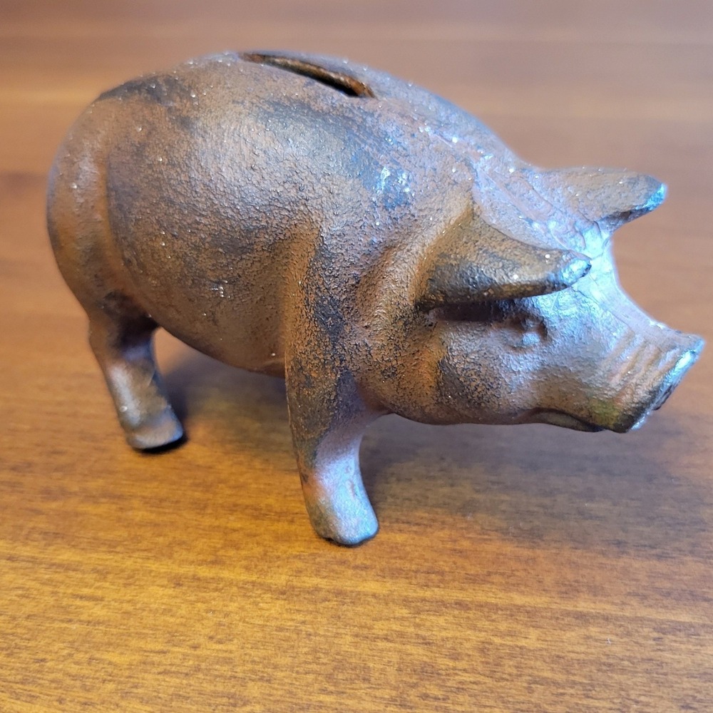 Vintage Cast Iron Piggy Bank Rustic Brown Metal Hog Coin Bank Farmhouse Decor 5"